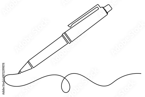 Minimalist continuous one line drawing of a ball pen creating a smooth line on white background, ideal for writing, creativity, education, and office concept designs