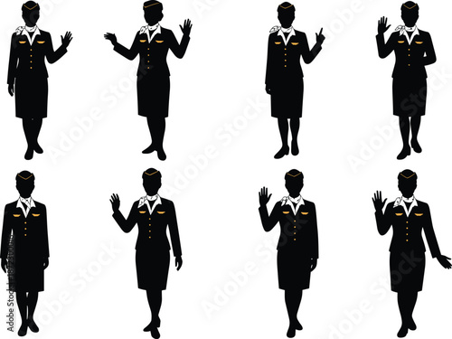 Flight attendant silhouettes, uniformed cabin crew, professional airline staff, aviation service team, stewardess poses, airport travel concept, aviation lifestyle, airline hospitality scene