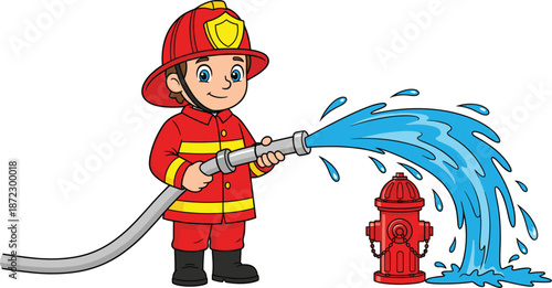 Cartoon firefighter boy spraying water from a hose at a fire hydrant on white background child