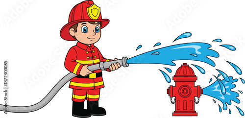 Cartoon firefighter spraying water from a hose at a red fire hydrant Keywords: firefighter, fire, hydrant, water, hose, spraying