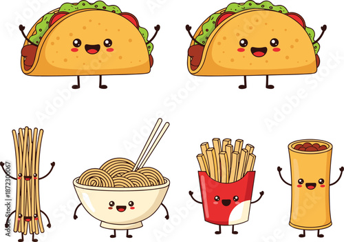 Cartoon food items with happy faces on a white background kawaii cute