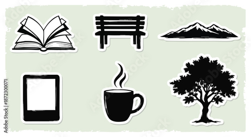Set of doodle-style black and white stickers: open book, park bench, mountain range, digital tablet, hot coffee cup, and a leafy tree.