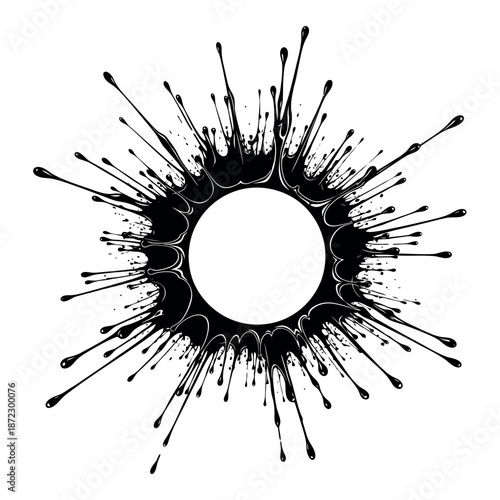 Abstract black ink splash forming a circular spiky design on white