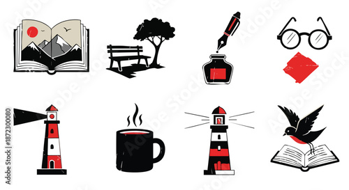 Creative hand-drawn vector icons set featuring books, nature, writing, coffee, and lighthouses. Doodle illustrations for leisure and storytelling themes.