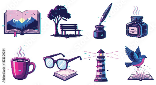 Pixel art vector illustrations of cozy reading and writing elements, including books, quill, ink, coffee, nature, and lighthouse for inspiration.
