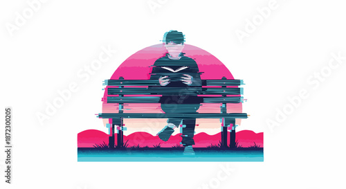 Stylized illustration of a person reading a book on a park bench with a vibrant retro sunset background and glitch effect, evoking vaporwave aesthetics.