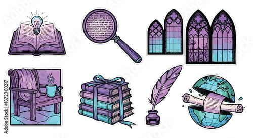Vintage knowledge and learning concept vector illustrations set featuring books, quill, magnifying glass, gothic windows, and globe in purple and teal.