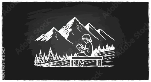 Chalkboard drawing of a person reading a book on a bench amidst a stunning mountain landscape with pine trees, evoking peace, knowledge, and outdoor education.