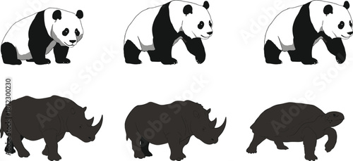 Giant panda, rhinoceros, tortoise, wildlife animals, endangered species, nature mammals, conservation art, black design, animal shapes, biodiversity icons, flat vector illustration