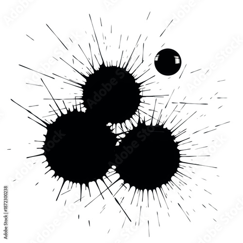 Abstract ink blots create a striking visual composition with spatter effects