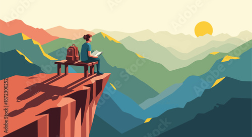 Illustration of a lone traveler sitting on a bench at a cliff's edge, admiring the vast, colorful mountain range during golden hour.