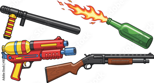 Collection of cartoon weapons including a baton a molotov cocktail a water gun and a shotgun club