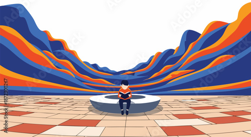Young person reading a book in a surreal landscape with colorful abstract mountains in the background