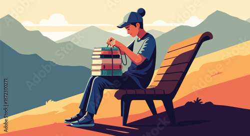 Young person sitting on a bench outdoors, reading a stack of books, with mountains in the background
