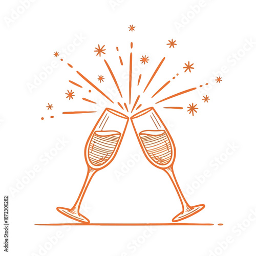 A festive illustration of two stemmed glasses clinking in a celebratory toast