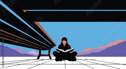 A person sits cross-legged under a dark bench, engrossed in a book, with a serene mountain landscape in the background.