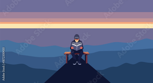 Person in beanie reading a book on a bench atop a mountain at sunrise, peaceful and serene landscape