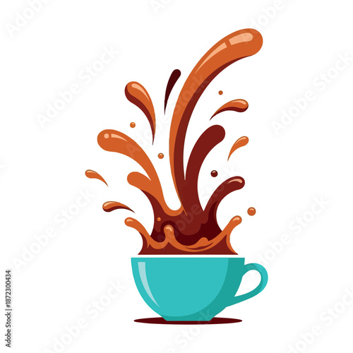 A vibrant teal cup overflowing with a splash of dark brown liquid