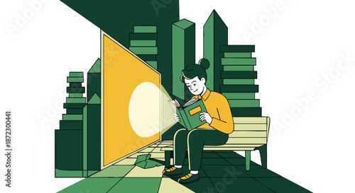 Young person reading a book on a bench with a spotlight illuminating the pages, against a backdrop of stylized city buildings.