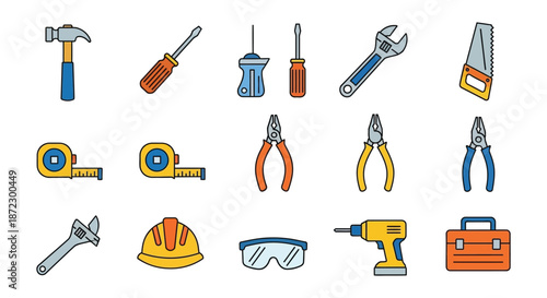 An assortment of construction tools including hammers screwdrivers and safety equipment