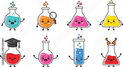 Cute cartoon chemistry lab flasks with faces and different expressions on white background Keywords: chemistry, science, lab