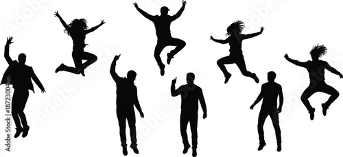 Group of people jumping high, joyful silhouettes, energetic celebration, freedom, fun, motion, happiness, teamwork, success, active lifestyle, excitement, dynamic pose