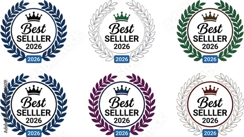 PrintBest seller 2026 laurel wreath icon set with crown, premium quality product label, marketing badge, and sales guarantee award collection.