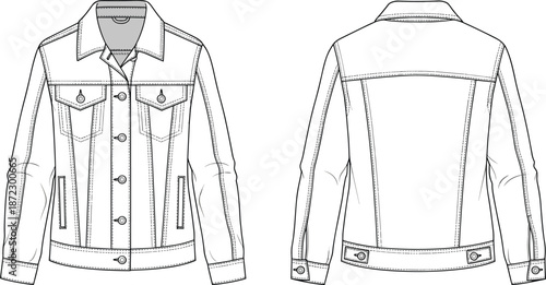 Front and back view line drawing of a classic denim jacket on a white background jeans jacket outerwear