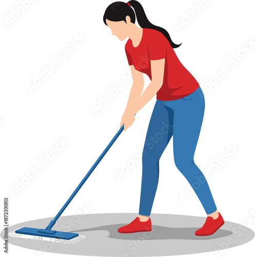 Young woman cleaning floor with flat mop vector illustration for housekeeping service domestic chores and home maintenance concept