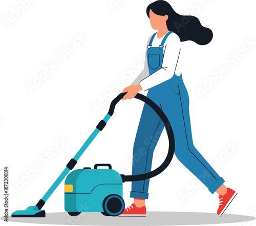 Young woman cleaning floor with professional flat mop vector illustration for domestic housekeeping service and home maintenance concept