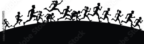 Group running silhouettes on hill, athletes jogging together, marathon race illustration, active fitness activity concept, outdoor running vector design