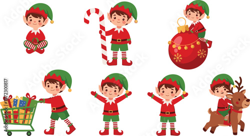 Group of cute cartoon elves in Christmas outfits with gifts and reindeer holiday character
