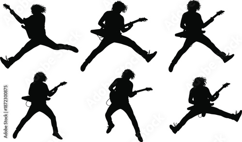 Guitar player silhouette, rock music, electric guitar jump, live concert, musician performance, stage energy, dynamic pose, music show, entertainment, band