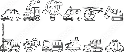 Cute cartoon transportation vehicle set vector line art with car train helicopter and plane for kids coloring book preschool education