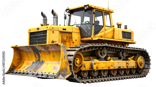 Heavy duty yellow track-type bulldozer with large front blade isolated on transparent background