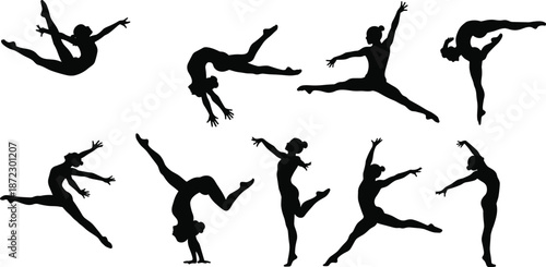 Gymnast and dancer silhouettes, acrobatic poses, ballet jumps, flexibility, strength, grace, performance art, athletic movement, choreography, artistic sport – flat vector illustration