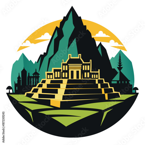 Silhouette Vector Illustration of an Archaeological Mountain Site in Peru