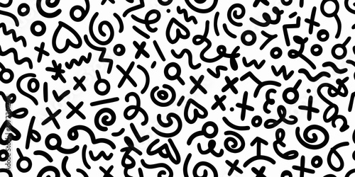 A chaotic pattern of abstract shapes and handwritten style symbols fills the frame