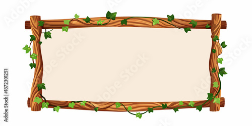 Rustic wooden frame adorned with lush green vines and leaves
