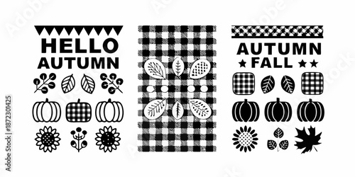 Autumn themed pattern with pumpkins sunflowers and gingham check designs