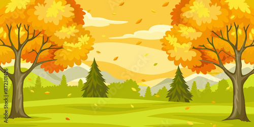 Autumn landscape with trees falling leaves and distant mountains under a cloudy sky