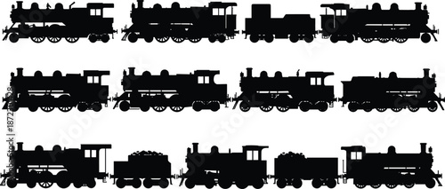 Flat vector illustration of vintage steam train silhouettes, classic locomotives, railway engines, historic trains, transportation icons, black silhouette collection