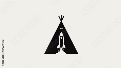 Minimalist illustration of a rocket launching from inside a teepee tent with moon and star. Space exploration, adventure, innovation concept.