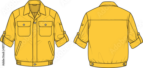 Yellow bomber jacket front and back view with rolled up sleeves clothing fashion