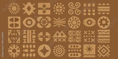 A collection of intricate adinkra symbols arranged in a geometric pattern