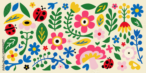 A cheerful arrangement of colorful flowers ladybugs and foliage on a light background