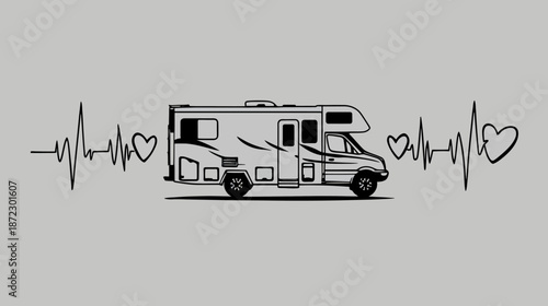 Recreational Vehicle (RV) Motorhome Heartbeat Line Graphic. Love for Camper Van Life, Camping, Road Trip, and Travel Lifestyle.