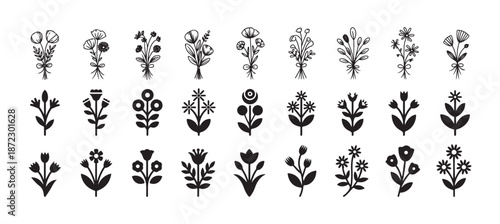 Flower vector set. Hand drawn flower wild plant, Outline foliage natural leaves herbs. vector illustration eps 10