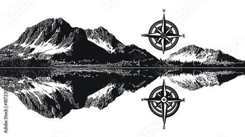 Monochrome graphic illustration of a majestic mountain range reflecting in calm water, featuring vintage compass roses for adventure and exploration themes.