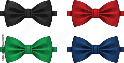 Colorful glossy bow tie set in black red green and blue isolated on white background elegant fashion vector illustration